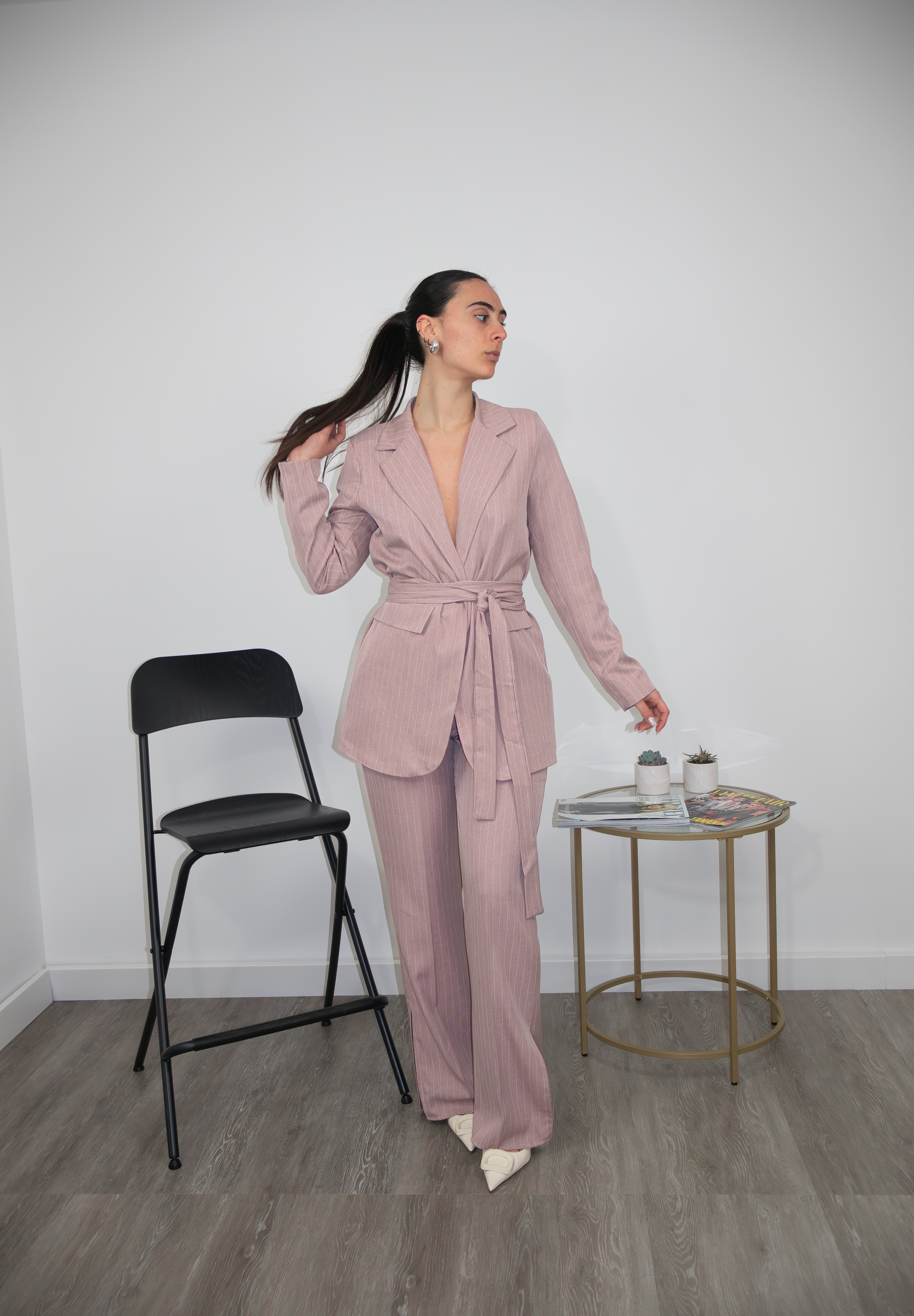 Tailleur gessato rosa